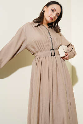 Yarım Fermuarlı Mevlana Elbise Vizon - Tesettür Elbise