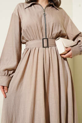 Yarım Fermuarlı Mevlana Elbise Vizon - Tesettür Elbise