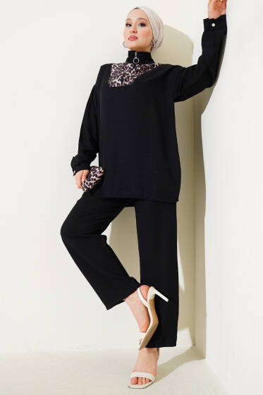 Yarım Fermuarlı Önü Leoparlı İkili Takım Siyah - İkili Takım