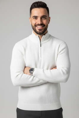 Yarım Fermuarlı Örgü Erkek Triko Kazak Ekru - YNR YENER TRİKO