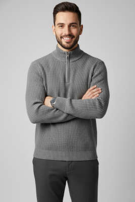 Yarım Fermuarlı Örgü Erkek Triko Kazak Füme - YNR YENER TRİKO