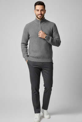 Yarım Fermuarlı Örgü Erkek Triko Kazak Füme - Erkek Kazak