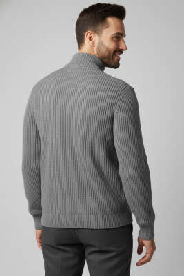 Yarım Fermuarlı Örgü Erkek Triko Kazak Füme - Erkek Kazak