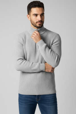 Yarım Fermuarlı Örgü Erkek Triko Kazak Gri - YNR YENER TRİKO