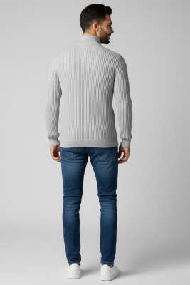 Yarım Fermuarlı Örgü Erkek Triko Kazak Gri - Erkek Kazak