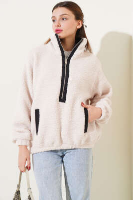 Yarım Fermuarlı Peluş Sweatshirt Bej - Kadın Giyim Modelleri