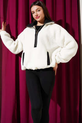 Yarım Fermuarlı Peluş Sweatshirt Ekru - Kadın Giyim Modelleri