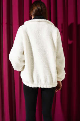 Yarım Fermuarlı Peluş Sweatshirt Ekru - Kadın Giyim Modelleri