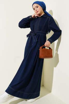 Yarım Fermuarlı Pensli Kot Elbise Lacivert - TABA