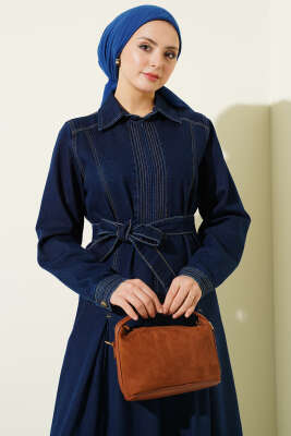 Yarım Fermuarlı Pensli Kot Elbise Lacivert - Elbise