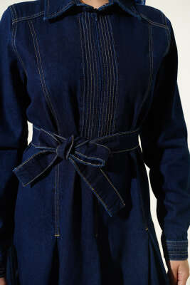 Yarım Fermuarlı Pensli Kot Elbise Lacivert - Elbise