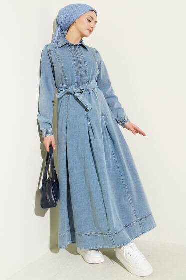 Yarım Fermuarlı Pensli Kot Elbise Mavi - Elbise