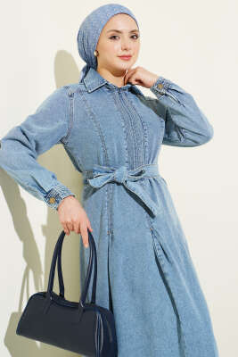 Yarım Fermuarlı Pensli Kot Elbise Mavi - Elbise