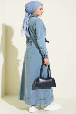 Yarım Fermuarlı Pensli Kot Elbise Mavi - Elbise