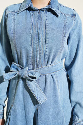 Yarım Fermuarlı Pensli Kot Elbise Mavi - Elbise