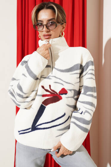 Yarım Fermuarlı Polar Sweatshirt Ekru - Kadın Giyim Modelleri
