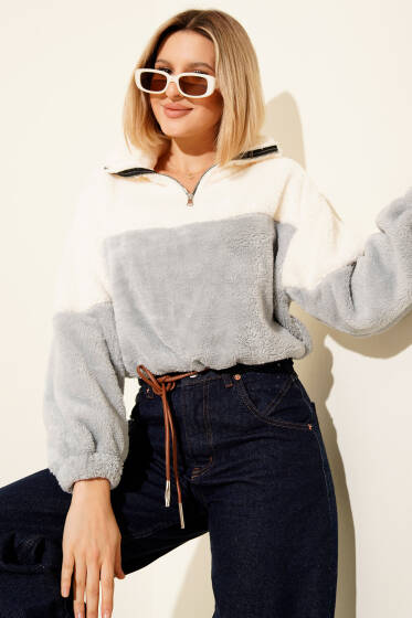 Yarım Fermuarlı Polar Sweatshirt Gri - Kadın Giyim Modelleri