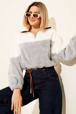 Yarım Fermuarlı Polar Sweatshirt Gri 