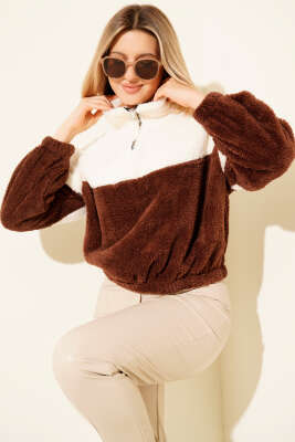 Yarım Fermuarlı Polar Sweatshirt Kahve 
