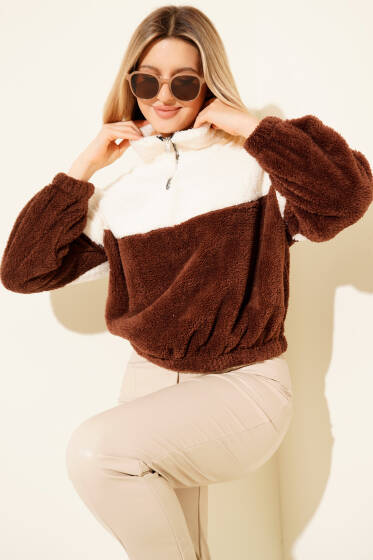 Yarım Fermuarlı Polar Sweatshirt Kahve - Kadın Giyim Modelleri
