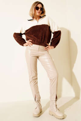 Yarım Fermuarlı Polar Sweatshirt Kahve - Yılın Fırsatı