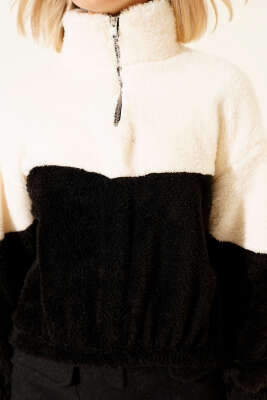 Yarım Fermuarlı Polar Sweatshirt Siyah - Kadın Giyim Modelleri