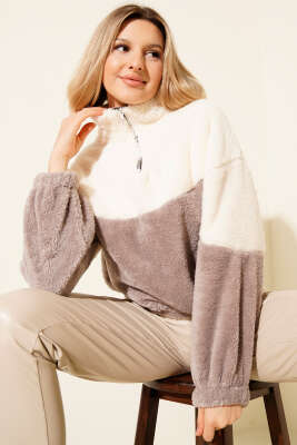 Yarım Fermuarlı Polar Sweatshirt Vizon 