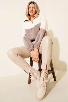 Yarım Fermuarlı Polar Sweatshirt Vizon - Yılın Fırsatı