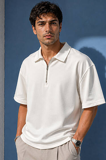 Yarım Fermuarlı Polo Yaka Erkek T-shirt Beyaz - Beyaz Polo Yaka Tişört