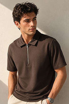 Yarım Fermuarlı Polo Yaka Erkek T-shirt Kahve - WİPEOUT