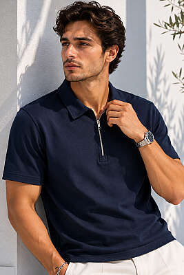 Yarım Fermuarlı Polo Yaka Erkek T-shirt Lacivert 