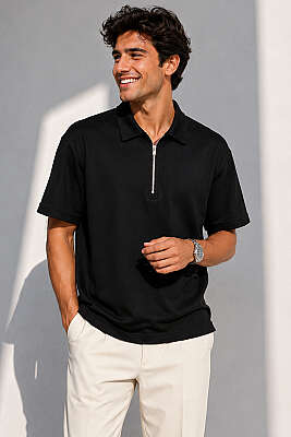 Yarım Fermuarlı Polo Yaka Erkek T-shirt Siyah - WİPEOUT