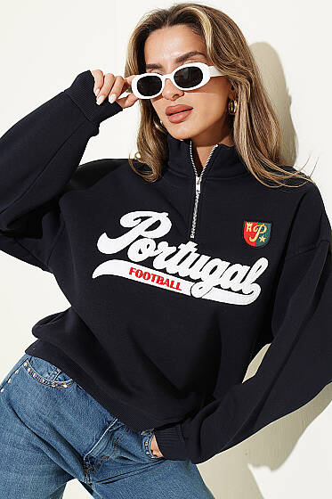 Yarım Fermuarlı Portugal Baskılı Sweatshirt Lacivert - Kadın Giyim Modelleri