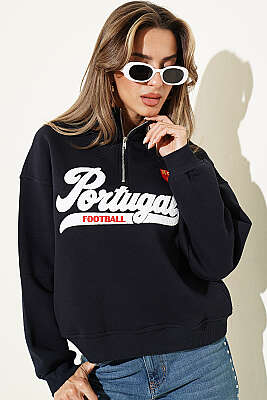 Yarım Fermuarlı Portugal Baskılı Sweatshirt Lacivert - Kadın Giyim Modelleri