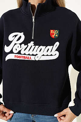 Yarım Fermuarlı Portugal Baskılı Sweatshirt Lacivert - Kadın Giyim Modelleri