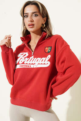 Yarım Fermuarlı Portugal Baskılı Sweatshirt Lacivert - Kadın Giyim Modelleri