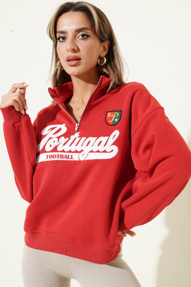 Yarım Fermuarlı Portugal Baskılı Sweatshirt Lacivert - Kadın Giyim Modelleri