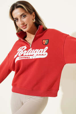 Yarım Fermuarlı Portugal Baskılı Sweatshirt Lacivert - Kadın Giyim Modelleri