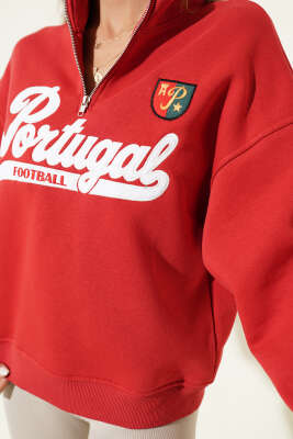 Yarım Fermuarlı Portugal Baskılı Sweatshirt Lacivert - Kadın Giyim Modelleri