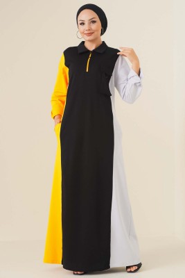 Yarım Fermuarlı Renkli Siyah Turuncu Elbise - Thumbnail