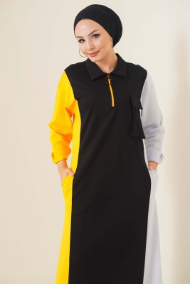 Yarım Fermuarlı Renkli Siyah Turuncu Elbise - Thumbnail