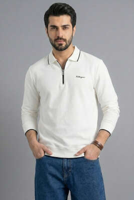Yarım Fermuarlı Ribanalı Erkek Sweatshirt Ekru 