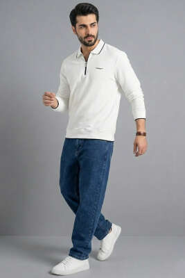 Yarım Fermuarlı Ribanalı Erkek Sweatshirt Ekru - Erkek Sweatshirt