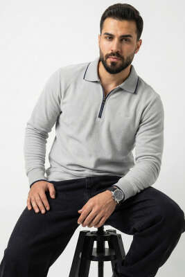 Yarım Fermuarlı Ribanalı Erkek Sweatshirt Gri 