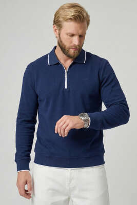 Yarım Fermuarlı Ribanalı Erkek Sweatshirt Lacivert 