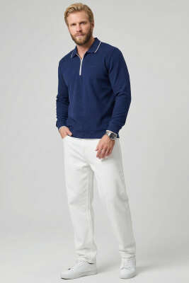 Yarım Fermuarlı Ribanalı Erkek Sweatshirt Lacivert - Erkek Sweatshirt