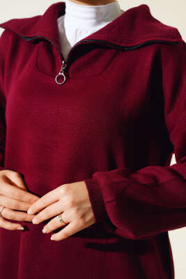 Yarım Fermuarlı Salaş Tunik Bordo - Triko Tunik