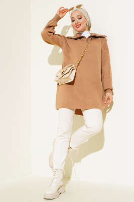 Yarım Fermuarlı Salaş Tunik Büsküvi - Triko Tunik