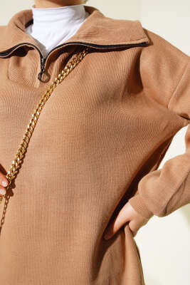 Yarım Fermuarlı Salaş Tunik Büsküvi - Triko Tunik