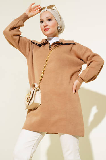 Yarım Fermuarlı Salaş Tunik Büsküvi - Tunik